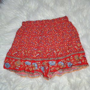 Red Summer Boho Floal Print A-line Elastic Waist Shorts