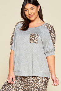 Plus Size Cute Animal Print Pocket French Terry Casual Top
