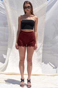 Solid Burgundy Red High Waist Elasticized Waistband Unlined Mini Shorts With Scalloped Bottom Hem
