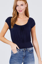 Load image into Gallery viewer, Short Puff Sleeve Front Tie Detail Smocked Waist Knit Gauze Top