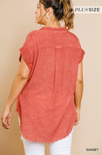 Load image into Gallery viewer, Washed Button Up Short Sleeve Top With Frayed Hemline
