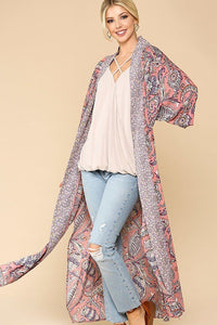Mix-printed Open Front Kimono With Side Slits