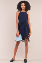 Cargar imagen en el visor de la galería, Navy Halter Neck Sleeveless Front Self-tie Lace Trim Slip Mini Dress