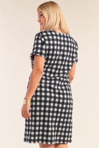 Plus Size Black&white Checkered Fitted Wrap Deep Plunge V-neck Dress