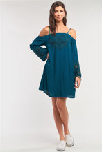 Load image into Gallery viewer, Teal Green Off-the-shoulder Flare Long Sleeve Square Neck Crochet Embroidery Mini Dress