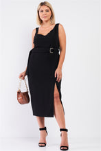Cargar imagen en el visor de la galería, Plus Sleeveless Asymmetrical Shoulder Front Slit Detail Belted Dress