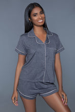 Cargar imagen en el visor de la galería, Soft Jersey Pajama Set With Buttoned Short Sleeves Top And Stretch Waist Bottoms