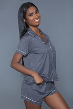 Cargar imagen en el visor de la galería, Soft Jersey Pajama Set With Buttoned Short Sleeves Top And Stretch Waist Bottoms