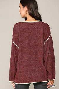 Two-tone Sold Round Neck Sweater Top With Piping Detail