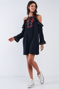Black Boho Multicolor Traditional Slavic Inspired Floral Embroidery Loose Fit Ruffle Off-the-shoulder Long Sleeve Mini Dress
