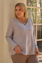 Load image into Gallery viewer, Plus Lavender V-neck With Criss-cross Strings Long Sleeve Relaxed Fit Top