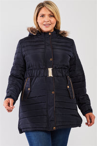 Plus Parallel Quilt Faux Fur Hood Belted Padded Long Puffer Jacket
