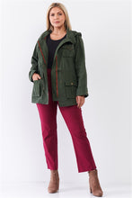 Load image into Gallery viewer, Plus Olive Cotton Front Zip-up &amp; Button Down Detachable Hood Detail Utility Jacket