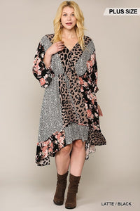 Leopard And Floral Mixed Print Hi Low Midi Dress With Waist Tie