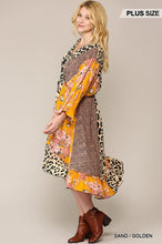 Cargar imagen en el visor de la galería, Leopard And Floral Mixed Print Hi Low Midi Dress With Waist Tie