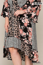 Cargar imagen en el visor de la galería, Leopard And Floral Mixed Print Hi Low Midi Dress With Waist Tie