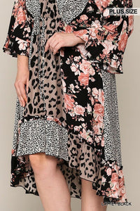 Leopard And Floral Mixed Print Hi Low Midi Dress With Waist Tie