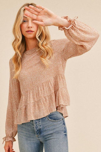 Ditsy Floral Crinkle Gauze Tiered Long Sleeve Top