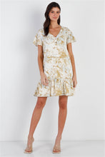 Load image into Gallery viewer, Olive &amp; Taupe Color Paint Print Ruffle Hem Button Up Detail Mini Dress