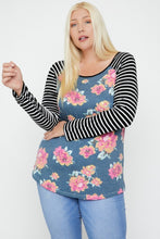 Load image into Gallery viewer, Floral Top Featuring Raglan Style Striped Sleeves And A Round Neck