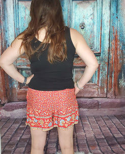 Red Summer Boho Floal Print A-line Elastic Waist Shorts