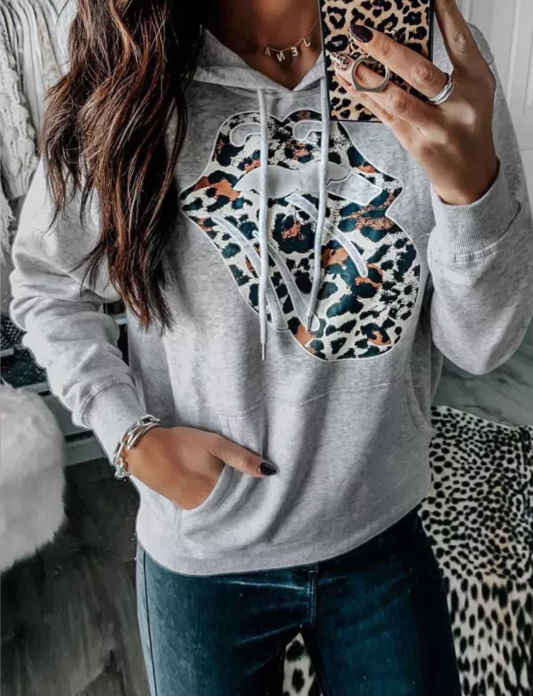 Leopard and Lips Gray Hoodie
