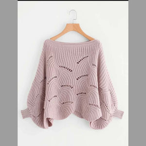 Pink Scalloped Batwing Oversized Sweater